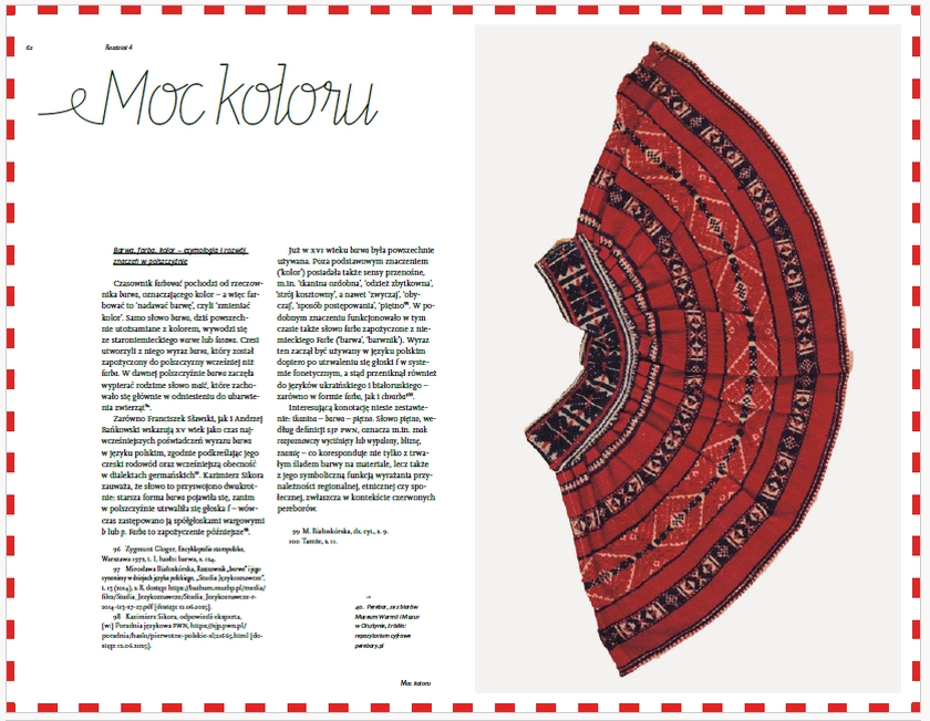 Strona książki z tekstem i dużą fotografią tradycyjnej czerwonej spódnicy w pasy.