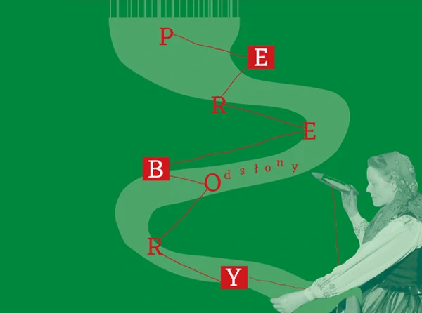 Plakat wydarzenia kulturalnego Perebory. Odsłony zielone tło, grafika kobiety w stroju ludowym wykonującej perebory.