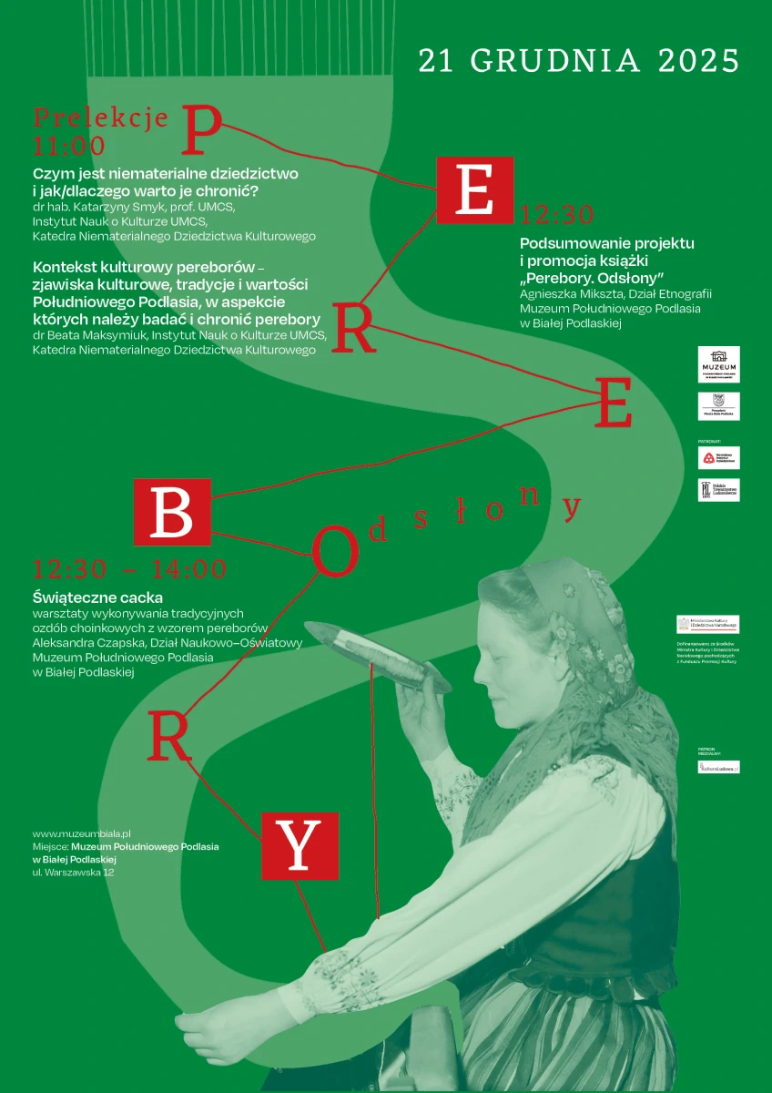 Plakat wydarzenia kulturalnego Perebory. Odsłony – program prelekcji i warsztatów 21 grudnia 2025 w Muzeum Południowego Podlasia; zielone tło, grafika kobiety w stroju ludowym wykonującej perebory.