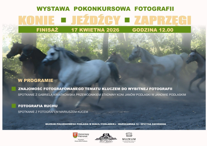 Plakat. w tle galopijące konie.