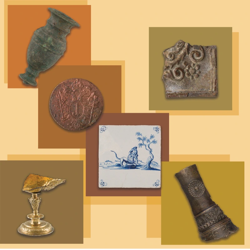 Plakat. Zdjęcia z eksponatami dotyczącymi odkryć archeologicznych.”