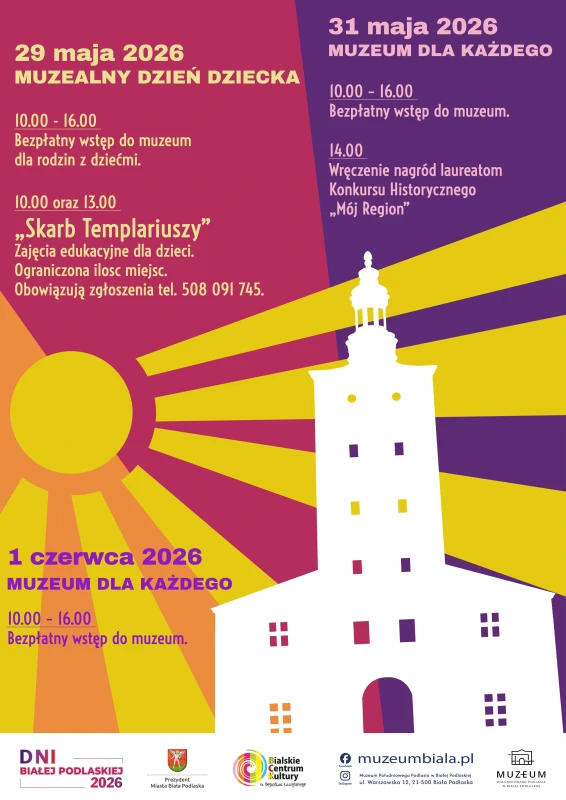 Kolorowy plakat muzealny informujący o wydarzeniach z okazji Dnia Dziecka i dniach bezpłatnego wstępu do muzeum w maju i czerwcu 2026 roku.
